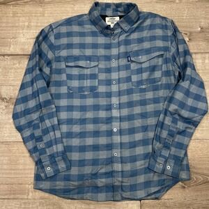 AFTCO‎ Fishing Shirt Mens Medium Blue Plaid Long Sleeve Button Front AFTECH